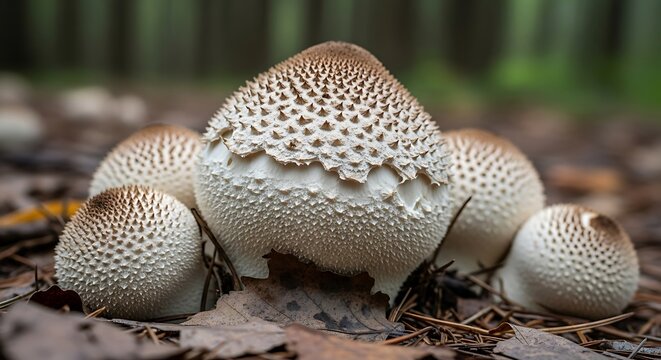 Cluster of Common Puffball Mushrooms in Forest Setting.