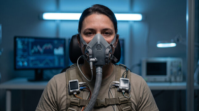 Woman wearing respiratory testing mask and monitoring harness