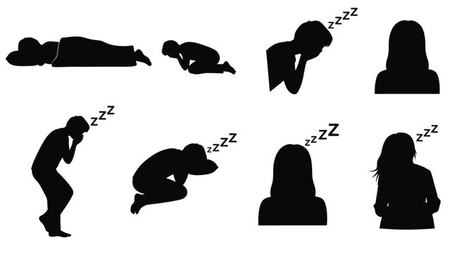 Sleeping and tired people silhouettes showing various resting positions and dreams.