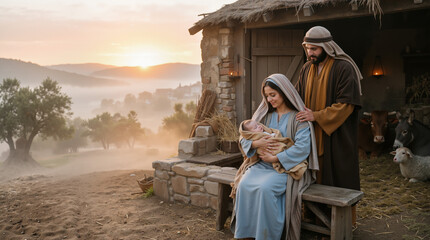 Naklejka premium Nativity scene with Joseph, Mary, and baby Jesus. Traditional depiction of the holy family in a stable at sunrise
