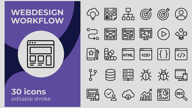 Web design workflow icons set with editable stroke for developers and designers tools  web development  coding  seo  websites