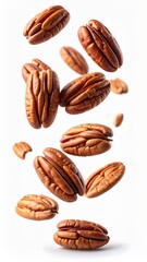 Obraz premium High-resolution image of fresh pecans falling against a white background, highlighting their natural texture and rich brown color.