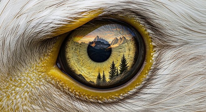 a close-up of a wolf's eye with a scenic landscape reflected in the pupil animal eye wolf eye close