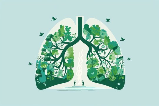 Flat vector lungs made of green trees and birds, flowing water, small walking figures, circular frame on soft light blue background