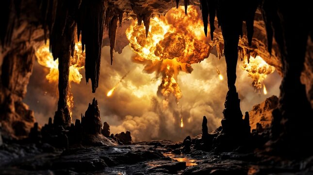 Massive Explosion Erupts Inside Dark Cave With Stalactites.