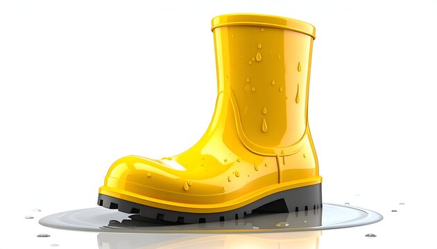 Vibrant Yellow Rain Boot Standing in a Puddle.