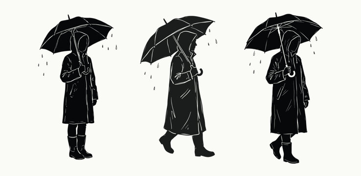 Silhouette of person with umbrella and raincoat walking in rain for seasonal weather concepts