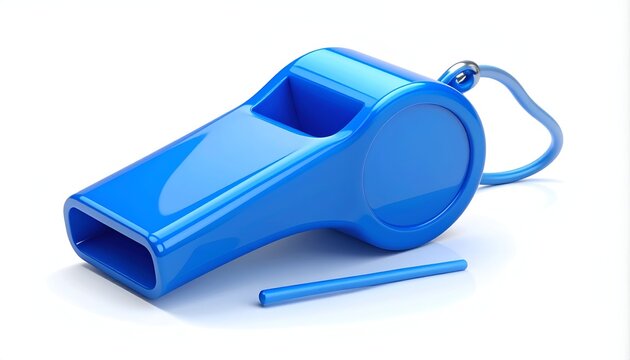 Blue whistle with a lanyard on a white background.