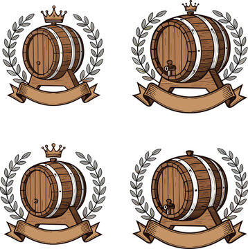 Wooden Barrel Emblem Set with Vintage Winery Badges, Laurel Wreaths, Crowns, and Ribbon Banners for Wine Branding, Brewery Labels, and Rustic Design
