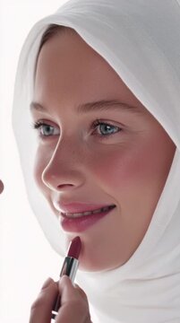 Close Up Portrait Beautiful Woman Applying Lipstick Studio Lighting White Background 4K Detail