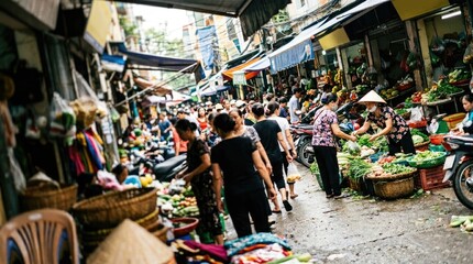 Obraz premium Bustling outdoor market in Asia with vendors and shoppers