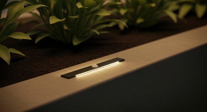 Discreet black motion sensor light strip with warm illumination, perfect for automated home and pathway lighting