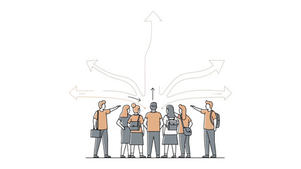 Navigating the Crossroads: A gathering of individuals stands at a decision point, confronted by a multitude of directional pathways symbolizing choices and opportunities. © MahfujaSultana