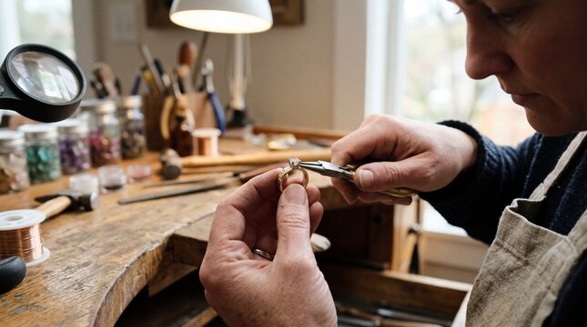 Jeweler meticulously crafting a delicate piece of jewelry at a workbench.