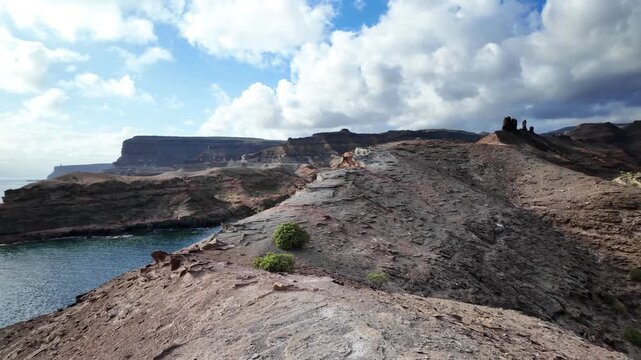 Small herd of wild goats cautiously navigating the rugged terrain of a steep, volcanic cliffside overlooking the ocean, showcasing wildlife coexisting with a beautiful natural environment