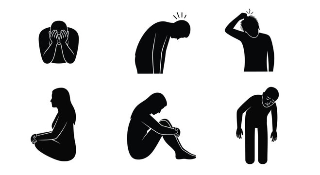 Set of black silhouettes showing people suffering from stress anxiety and sadness.