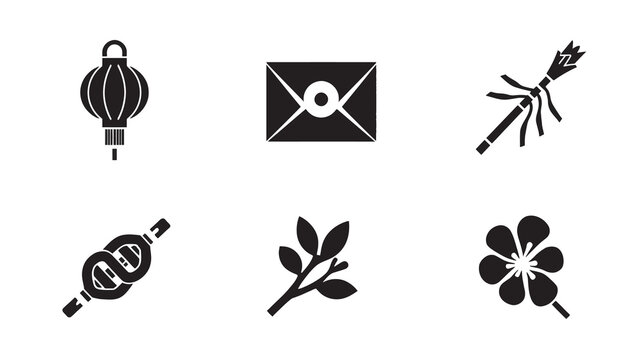 Lanterns, Red Envelopes, Firecrackers, Knots, Blossoms, Solid Black Silhouettes, copy space