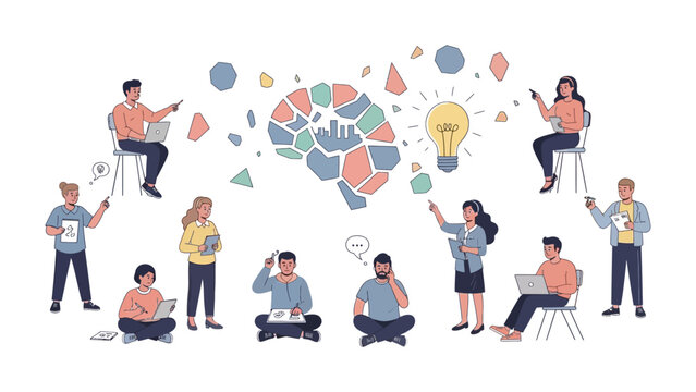 Creative Innovation: A vibrant illustration showcasing individuals brainstorming, collaborating, and generating ideas symbolized by a lightbulb and brain. 