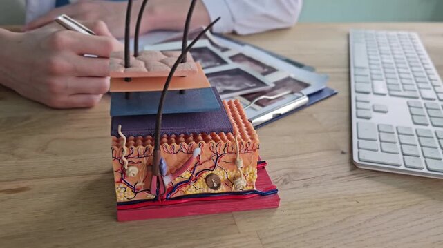 Discussion of skin anatomy model during medical study session at a clinic