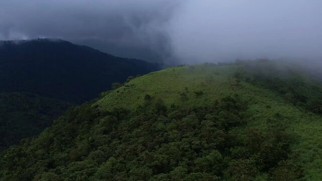 Misty green hills of Kerala after monsoon with low clouds and lush forest landscape, scenic nature background