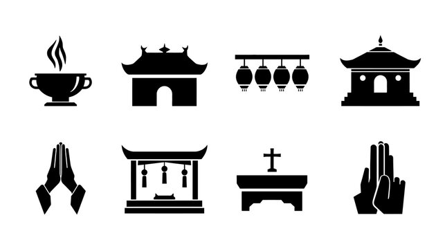 Ceremonial Altar, Incense Burner, Lanterns, Blessing Gesture, Flat Design Illustrations