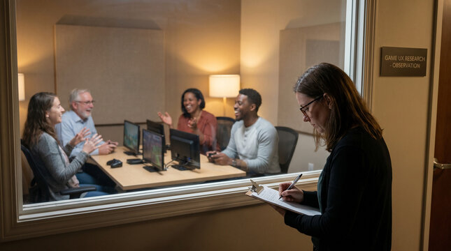 UX researcher observing group testing video game together
