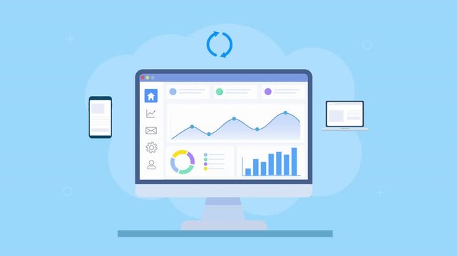 Looping flat animation of a cloud analytics dashboard with charts, mobile and tablet devices, and sync icon, representing cross platform access, data synchronization, and workflow efficiency.