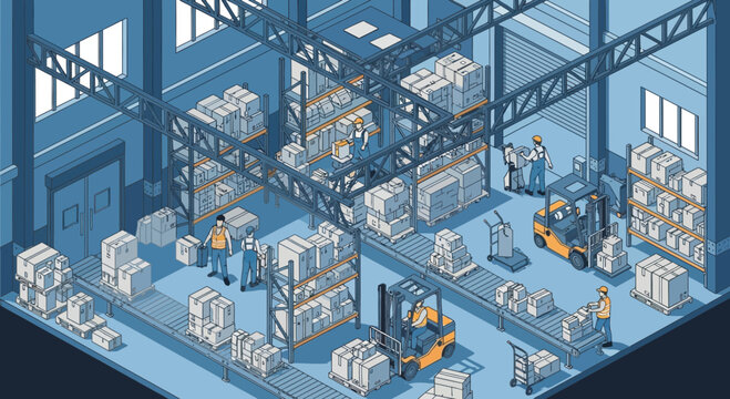 Isometric warehouse interior with workers, forklifts, and conveyor belts, logistics and distribution concept