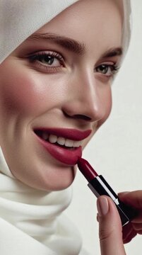 Close Up Portrait Beautiful Woman Applying Lipstick Studio Lighting White Background 4K Detail