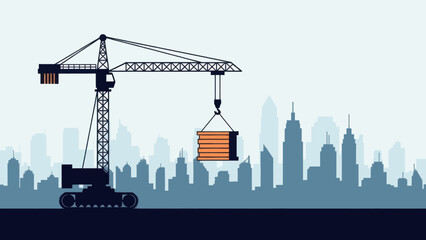 Obraz premium Industrial Crane Silhouette Lifting Cargo against Modern City Skyline Background - Construction and Urban Development Concept