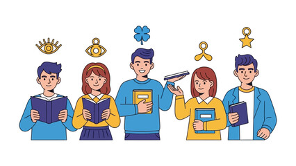 Knowledge Seekers United: A diverse group of students stands together, each holding a book or a device, symbolizing their unified pursuit of knowledge, in a vibrant and engaging illustration. © AbuAbdillah