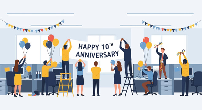Office Team Celebrates 10th Anniversary with Balloons and Banner