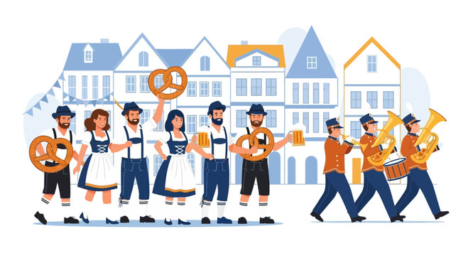 Oktoberfest Parade: People in Traditional Bavarian Costumes and Brass Band Marching