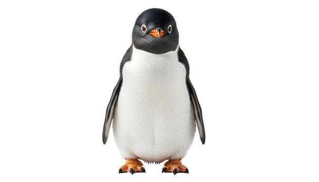 Realistic penguin standing upright facing forward with detailed feathers and orange feet isolated on transparent background wildlife animal cutout.