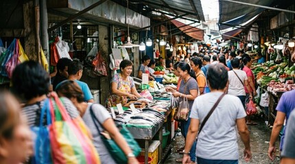 Obraz premium Bustling outdoor market with vendors and shoppers