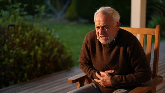 An elderly man experiencing stomach pain, sitting on a wooden chair on a porch surrounded by lush greenery, clutching his abdomen in discomfort.
