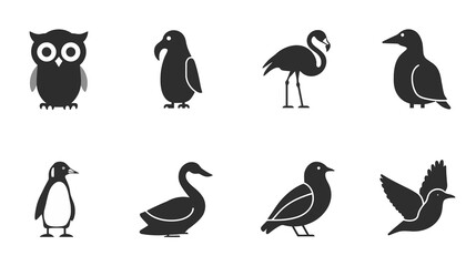 Fototapeta premium Owl, Flamingo, Penguin, Swan, Sparrow on White Background