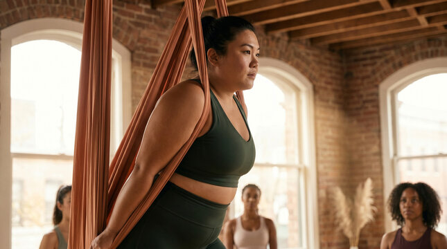 Focused plus size asian woman in aerial yoga