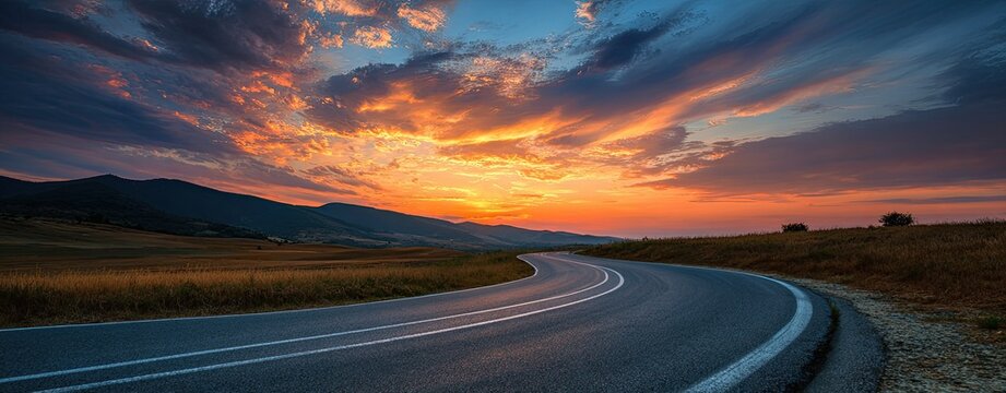 Winding road at sunset through rolling hills
