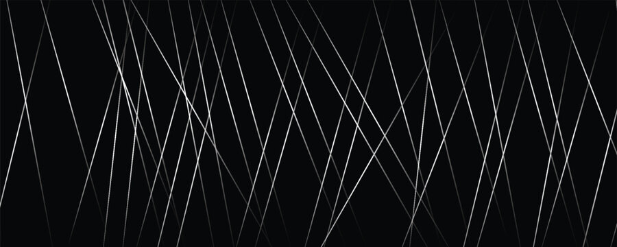 Straight chaotic random lines background. Intersecting white lines on a black background