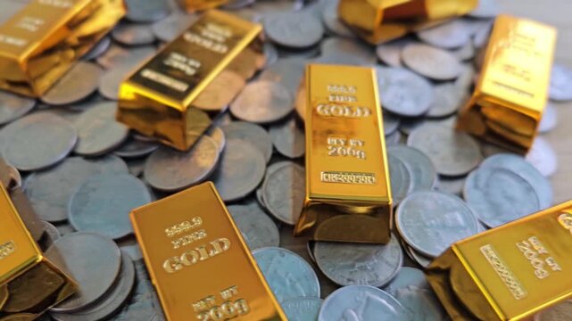 Gold bars placed on a pile of coins, showing wealth and investment opportunities in precious metals