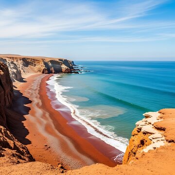 Paracas National Reserve - Red Sand Beach and Turquoise Ocean.