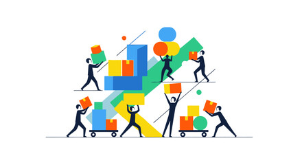 Fototapeta premium Illustration of people building with colorful blocks and boxes, representing teamwork and collaboration