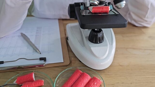Scientist examines fish samples under microscope in lab setting with notes and clipboard on desk