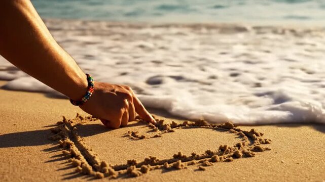 Romantic Heart Shape Drawn by Hand in Golden Beach Sand at Sunset