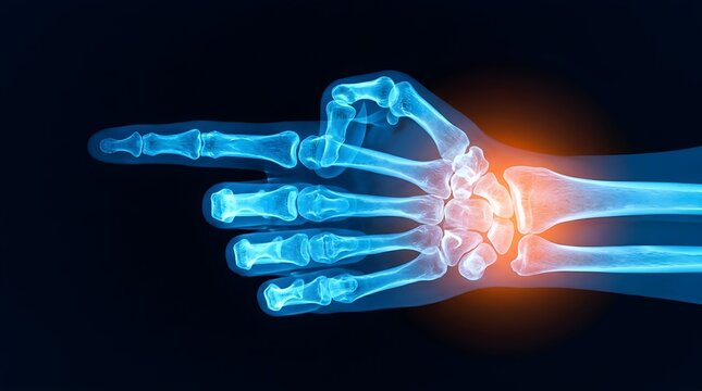 Realistic x ray view of human hand bones showing wrist joint distress and directing a finger in a dark expanse conveying an important medical diagnostic concept for orthopedic care and skeletal
