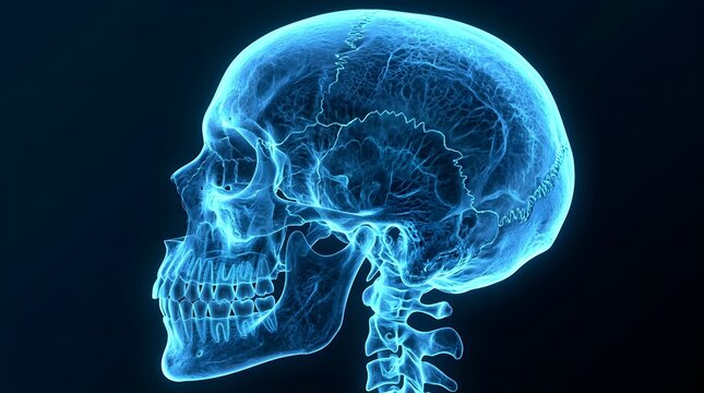 X ray anatomy scan of human head profile revealing intricate bone structure and neural pathways with glowing blue light against a dark backdrop for medical and science related concepts