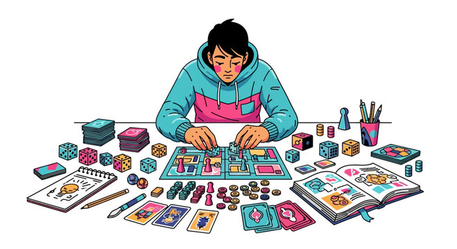 Young man engrossed in playing a board game with many pieces.