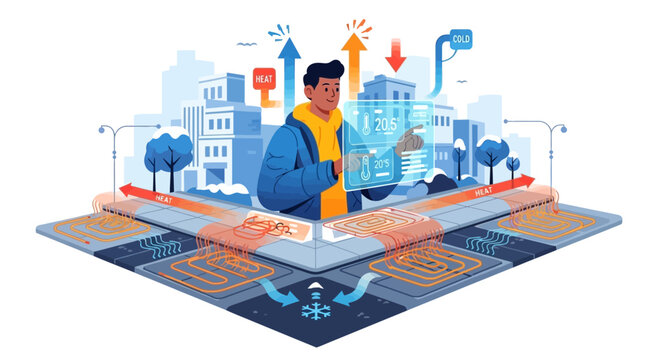 Young man in blue jacket with yellow scarf looking at laptop.
