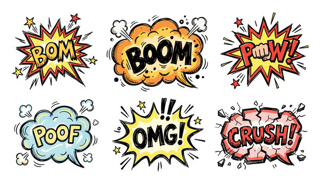 Set of hand drawn elements doodle comics isolated on white background. Speech bubbles with the words bom, boom, pow, poof, omg, crush
